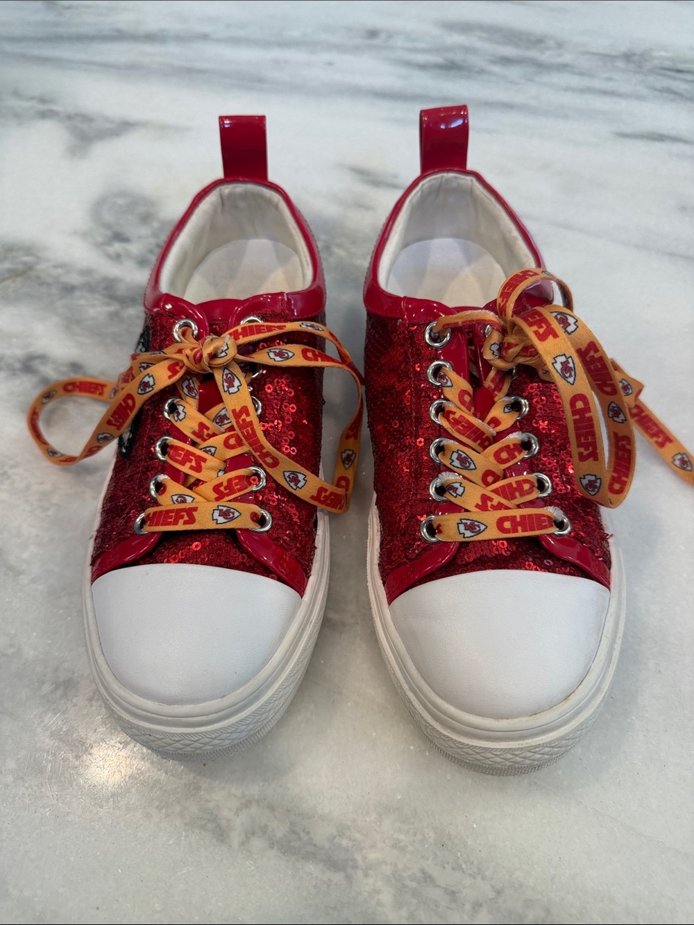Women's Red Sequin Chief’s Platform Sneaker with White Toe